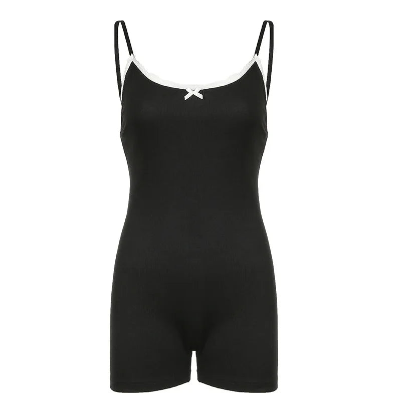 Sexy Lace-Trimmed Bow Detail Solid-Color Jumpsuit High-Stretch Form-Fitting Y2K Style Casual 2026 Summer Slim-Fit Activewear