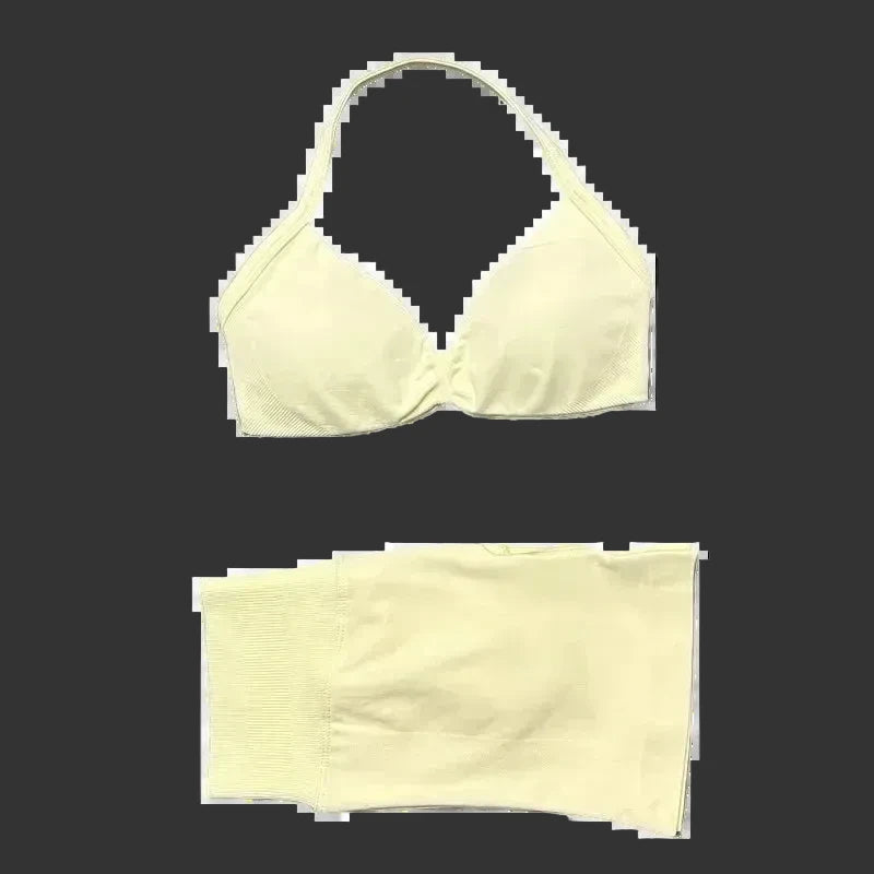 2 Pieces HISTELLO Sports Set Seamless Strappy Yoga Bra High Waist Scrunch Shorts Breathable Elastic Gym Workout Fitness Clothes
