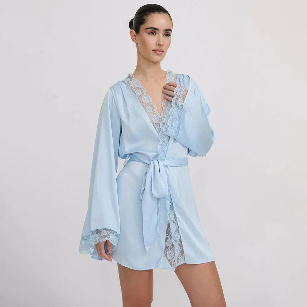 Absobe Women Satin Lace Patchwork Lace Up Flare Sleeve Solid Color Sexy Luxury Lounge Nightgown Bridal Robe Home Vacation Outfit