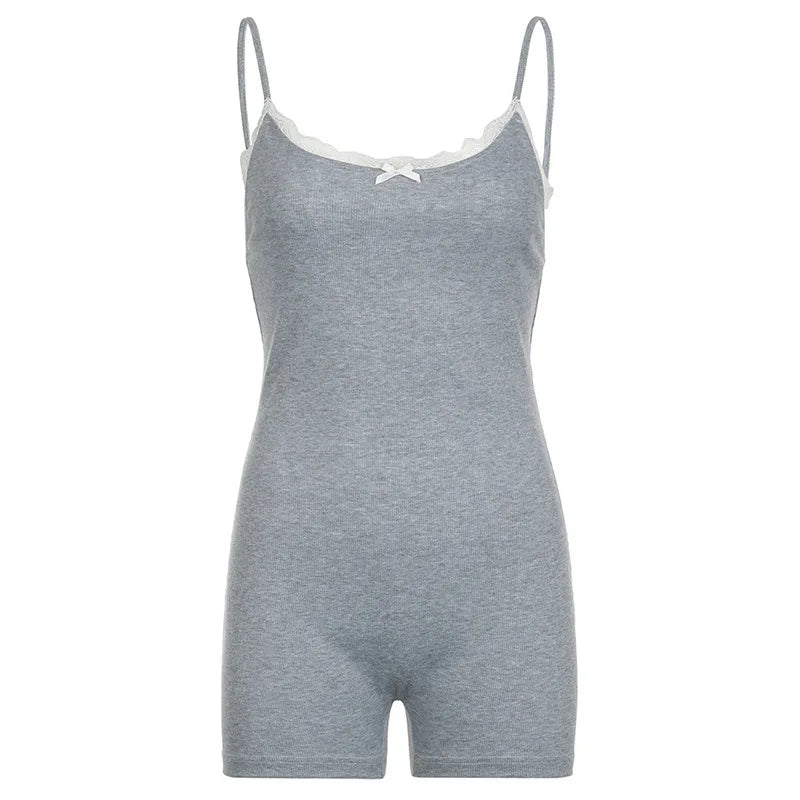 Sexy Lace-Trimmed Bow Detail Solid-Color Jumpsuit High-Stretch Form-Fitting Y2K Style Casual 2026 Summer Slim-Fit Activewear