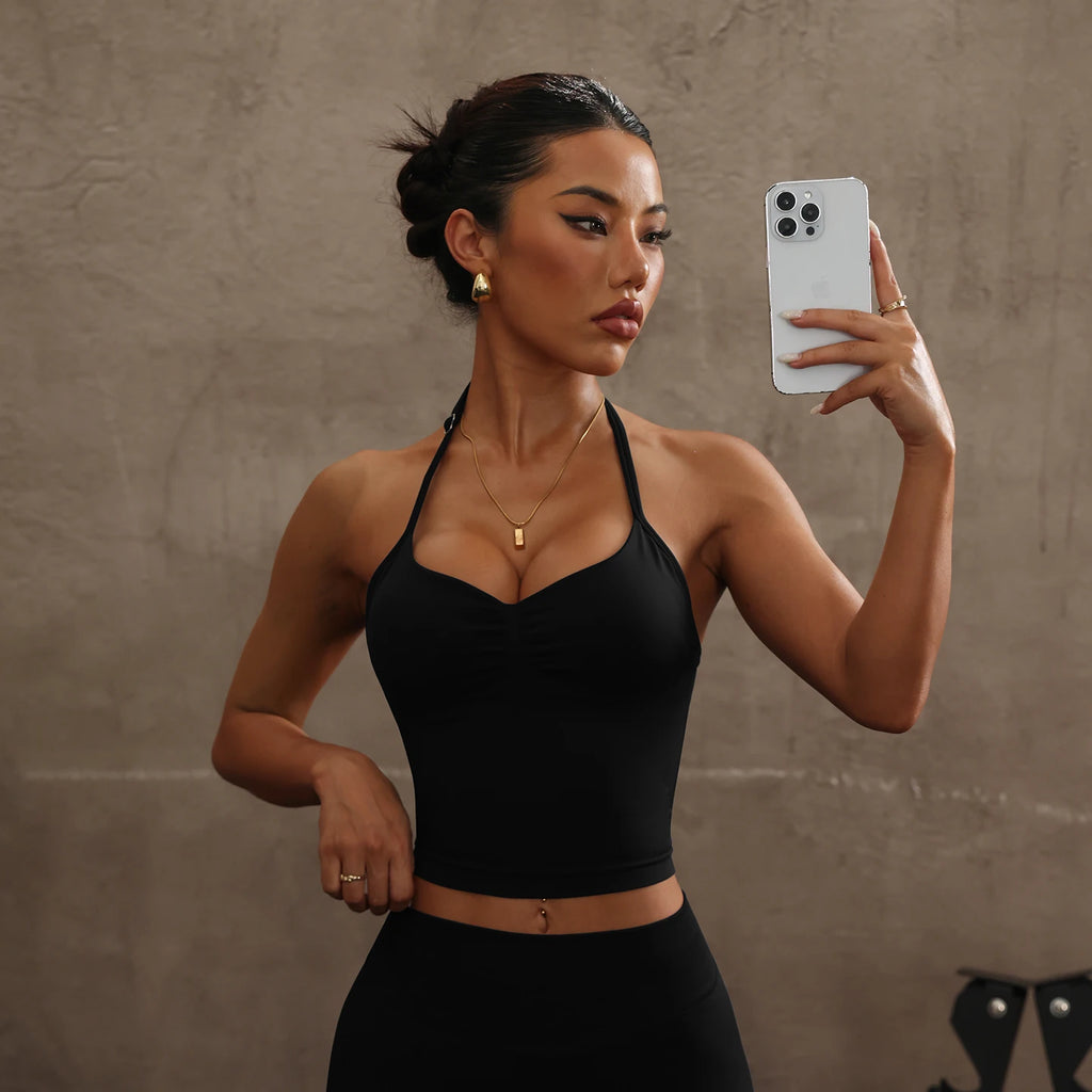 Seamless Halter Neck Sports Bra Women Ruched V Neck Yoga Crop Top Padded Gym Workout Tank Top Sexy Backless Fitness Activewear