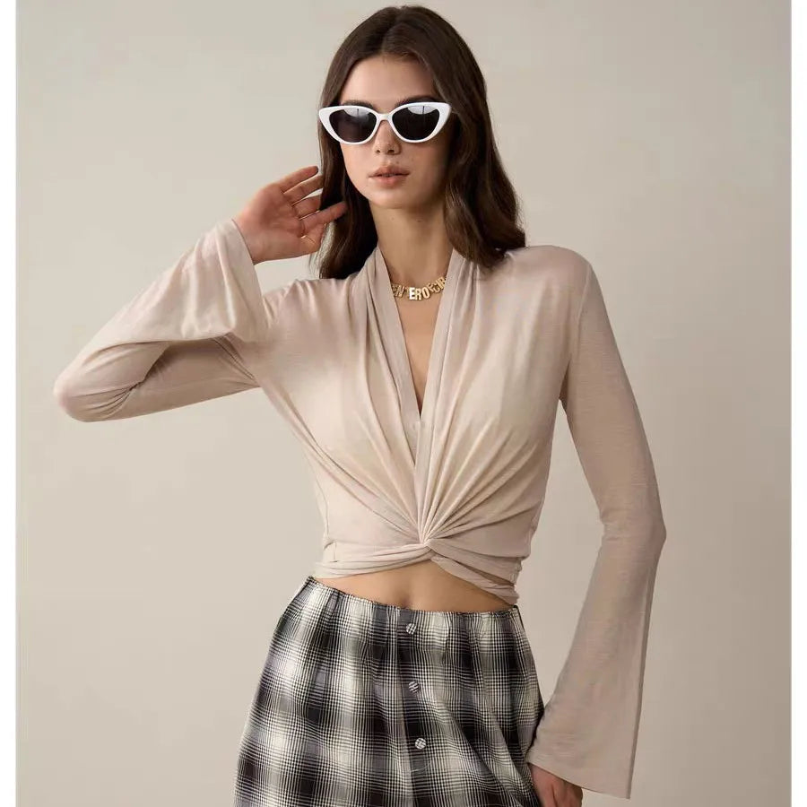 2026 New Women Flare Sleeve Yoga Top Soft Skinny Cross Tie Sports Cover Up Breathable Fitness Shirt Versatile Casual Active Wear