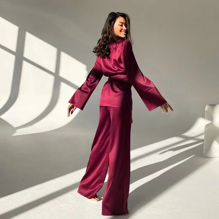 2023 Solid Color Pajamas For Women Robe Sets Full Sleeves Women's Home Clothes Trouser Suits Satin Nightgowns Spring Loungewear