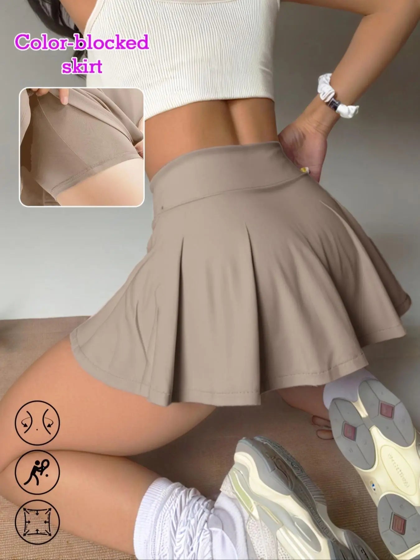 Women's High Waist Sporty Colorblock Skirt Shorts Set, Slim-Fit Tennis Golf Fitness Multifunctional, All Season Wear