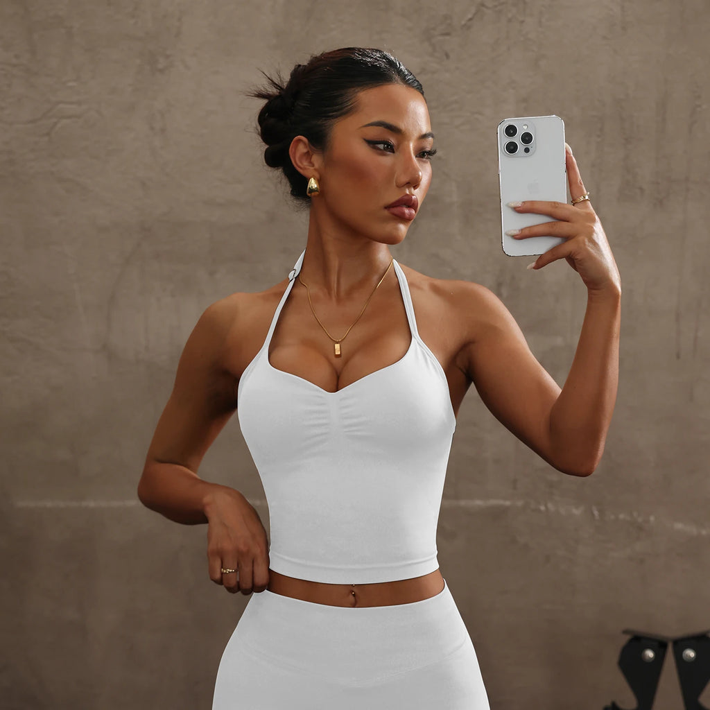 Seamless Halter Neck Sports Bra Women Ruched V Neck Yoga Crop Top Padded Gym Workout Tank Top Sexy Backless Fitness Activewear