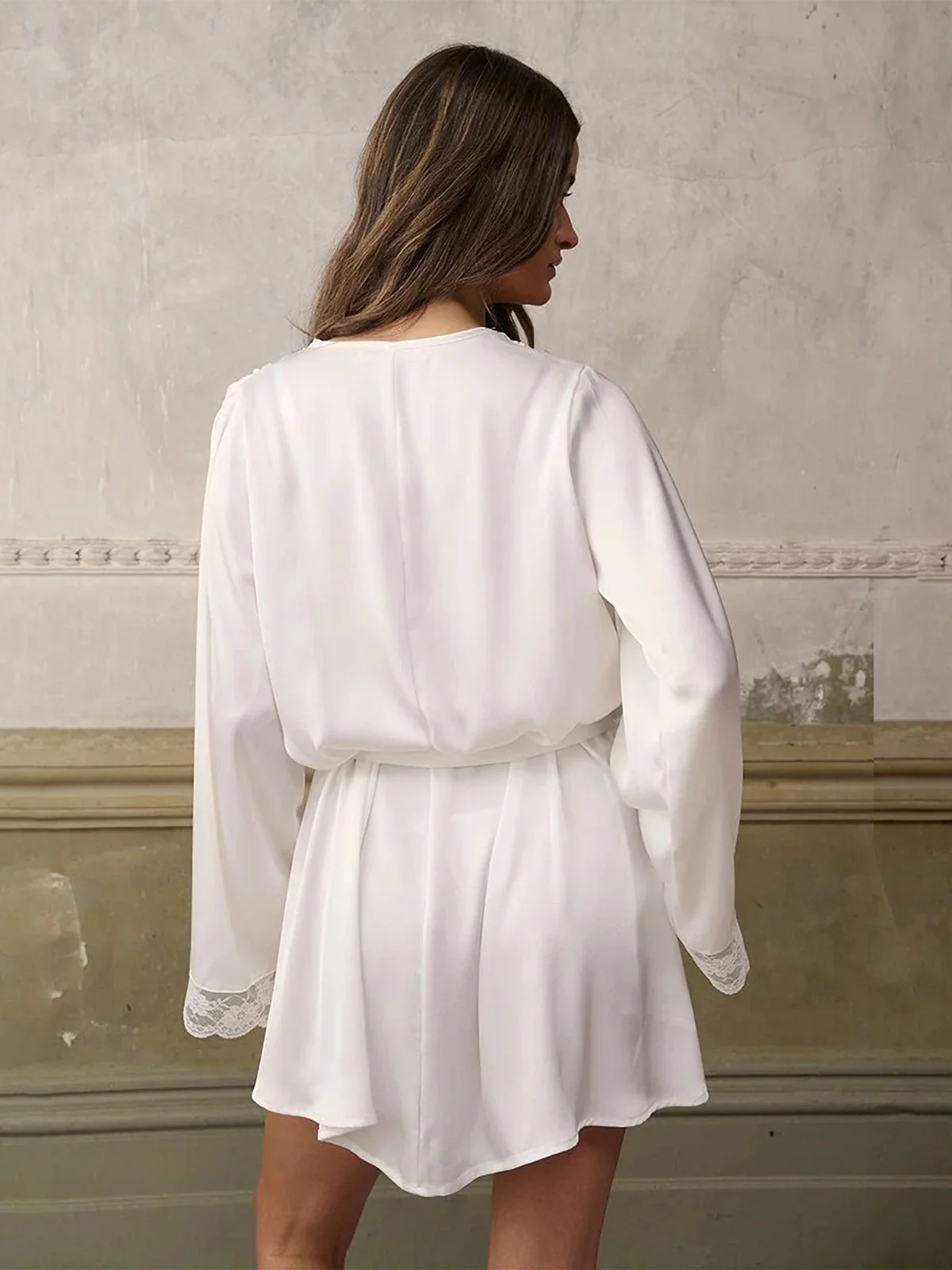 Absobe Women Satin Lace Patchwork Lace Up Flare Sleeve Solid Color Sexy Luxury Lounge Nightgown Bridal Robe Home Vacation Outfit