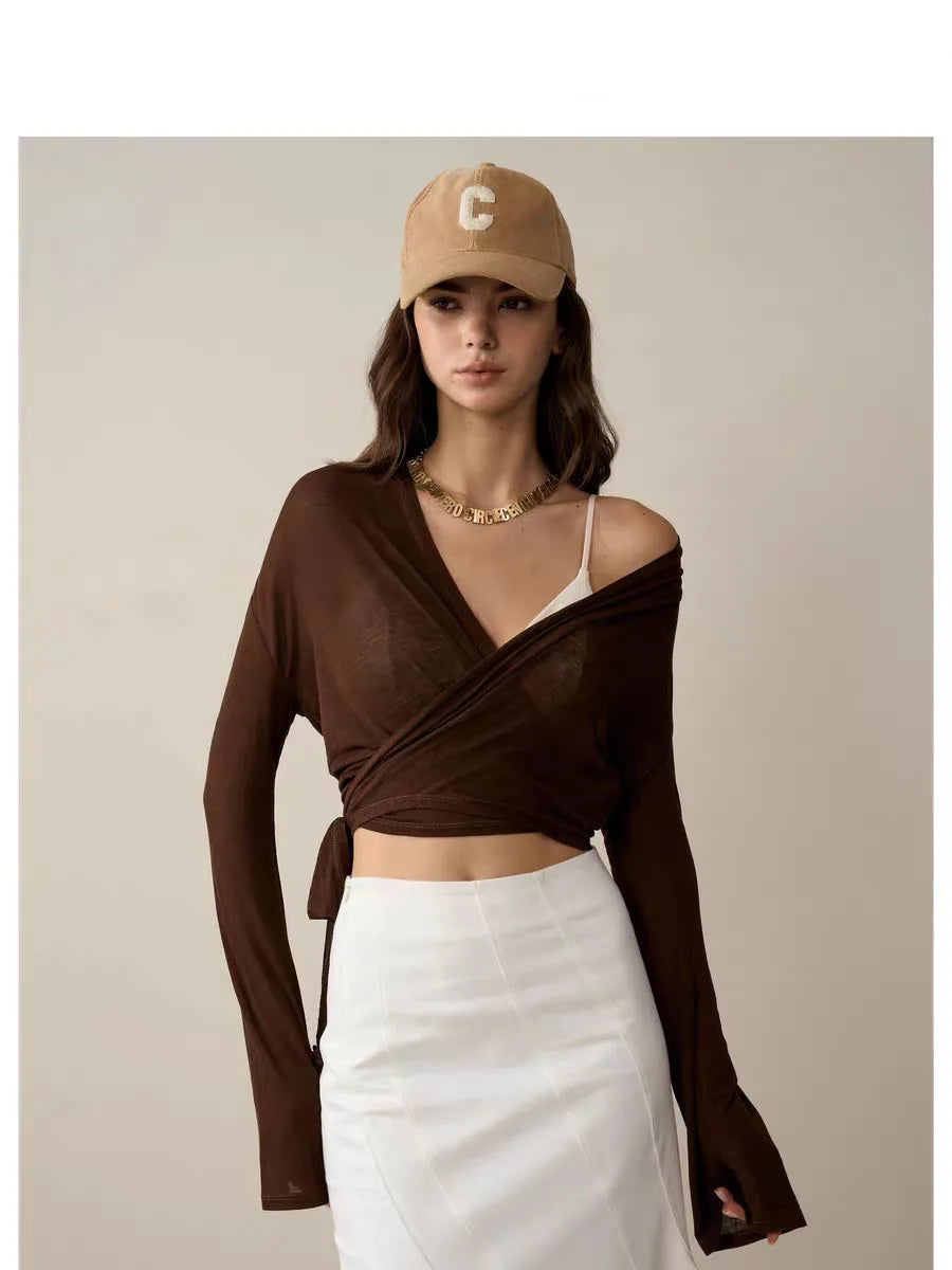 2026 New Women Flare Sleeve Yoga Top Soft Skinny Cross Tie Sports Cover Up Breathable Fitness Shirt Versatile Casual Active Wear
