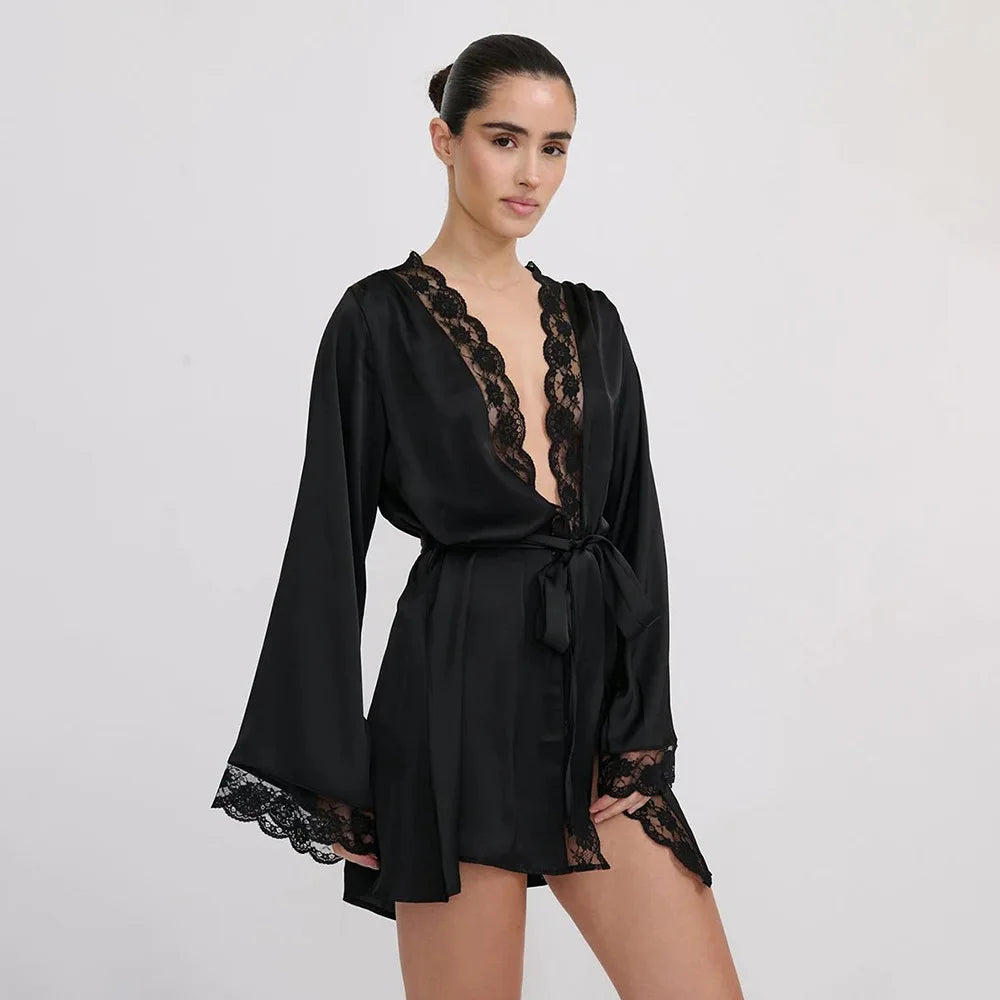Absobe Women Satin Lace Patchwork Lace Up Flare Sleeve Solid Color Sexy Luxury Lounge Nightgown Bridal Robe Home Vacation Outfit